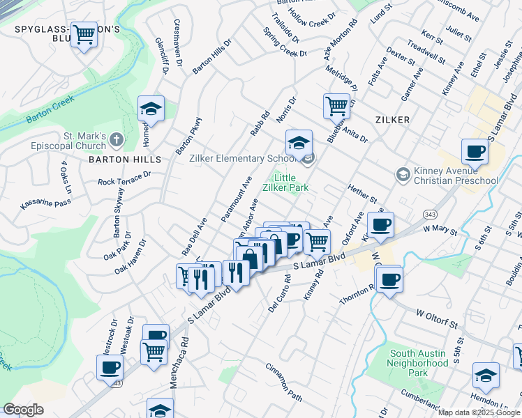 map of restaurants, bars, coffee shops, grocery stores, and more near 2116 Ann Arbor Avenue in Austin
