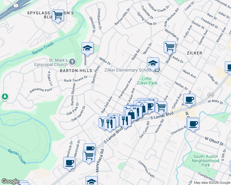 map of restaurants, bars, coffee shops, grocery stores, and more near 2201 Rabb Glen Street in Austin