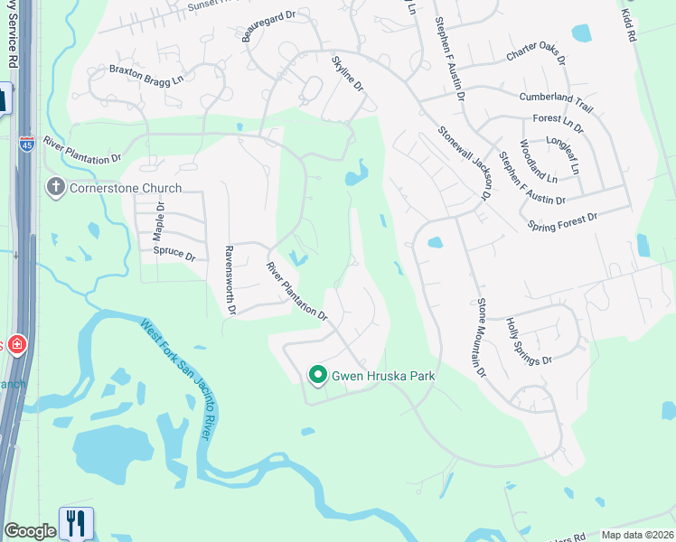 map of restaurants, bars, coffee shops, grocery stores, and more near 579 Brandon Road in Conroe