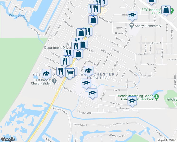 map of restaurants, bars, coffee shops, grocery stores, and more near 334 Westchester Boulevard in Slidell