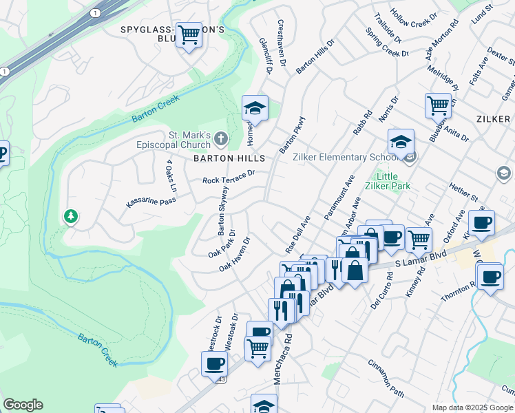 map of restaurants, bars, coffee shops, grocery stores, and more near 2503 Cedarview Drive in Austin