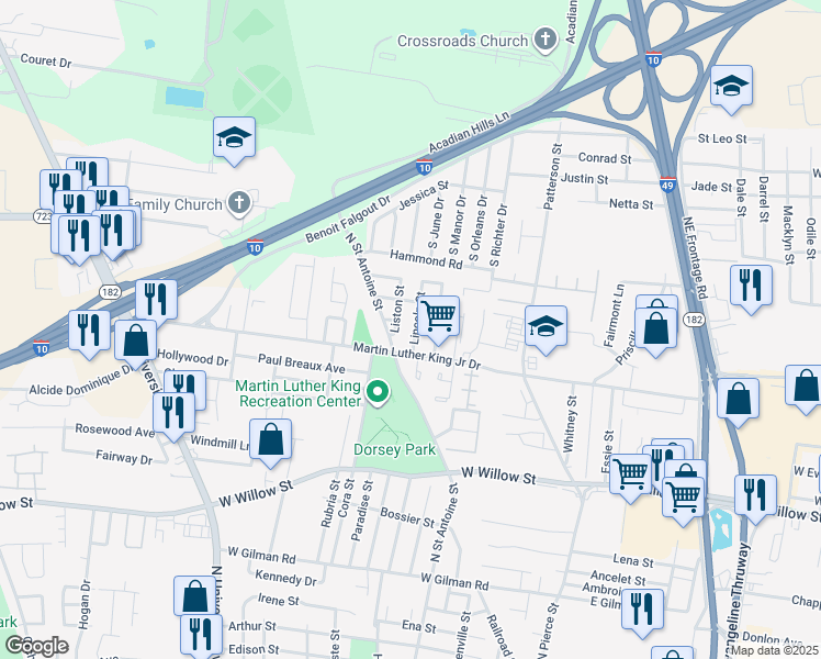 map of restaurants, bars, coffee shops, grocery stores, and more near 111 Lincoln Street in Lafayette