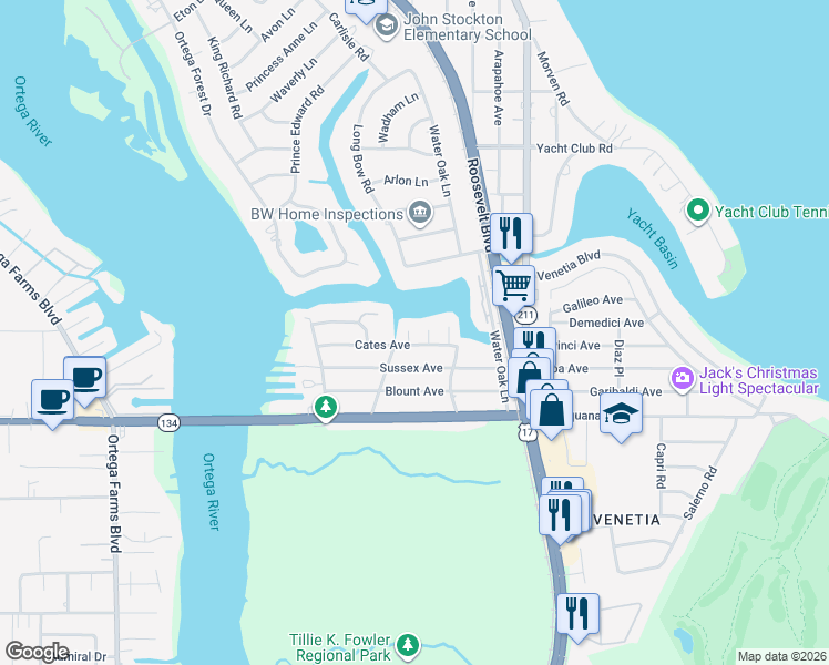 map of restaurants, bars, coffee shops, grocery stores, and more near 5117 Pebble Isle Drive in Jacksonville