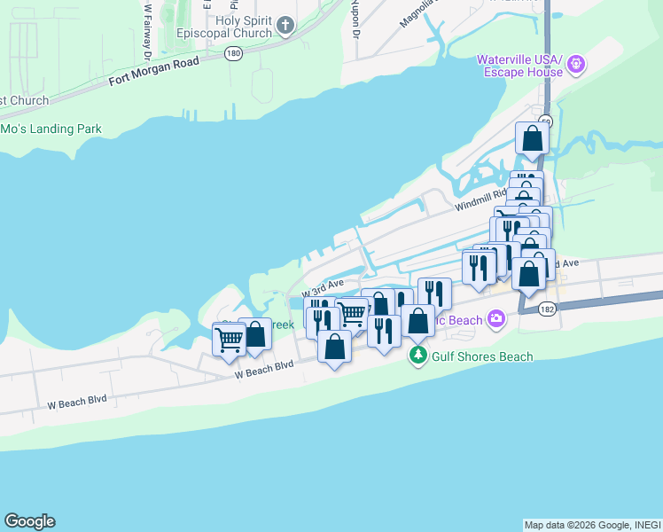 map of restaurants, bars, coffee shops, grocery stores, and more near 501 Windmill Ridge Road in Gulf Shores