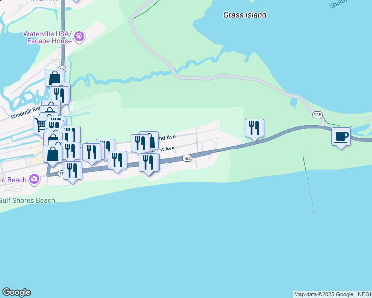 map of restaurants, bars, coffee shops, grocery stores, and more near 477 East 1st Avenue in Gulf Shores