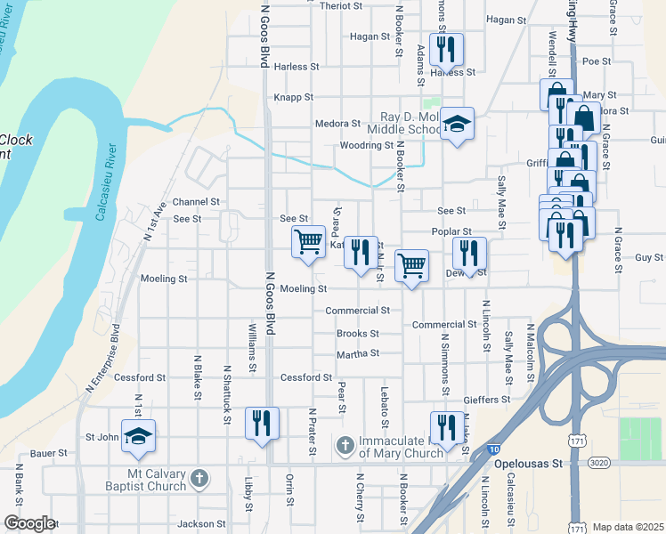 map of restaurants, bars, coffee shops, grocery stores, and more near 2046 Dewey St in Lake Charles