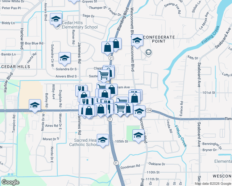 map of restaurants, bars, coffee shops, grocery stores, and more near 5175 Blanding Boulevard in Jacksonville