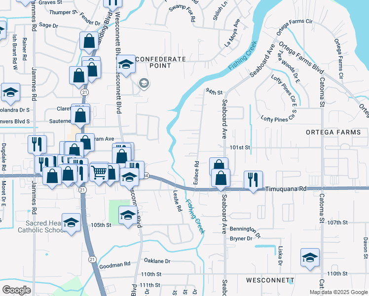 map of restaurants, bars, coffee shops, grocery stores, and more near 5200 Eulace Road in Jacksonville