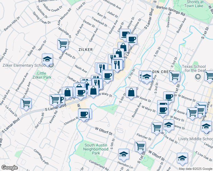 map of restaurants, bars, coffee shops, grocery stores, and more near 1703 South Lamar Boulevard in Austin