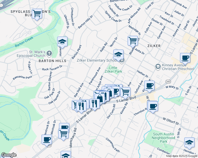 map of restaurants, bars, coffee shops, grocery stores, and more near 2116 Ann Arbor Avenue in Austin