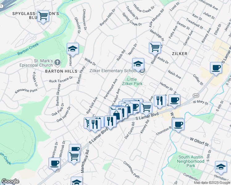 map of restaurants, bars, coffee shops, grocery stores, and more near 2116 Ann Arbor Avenue in Austin