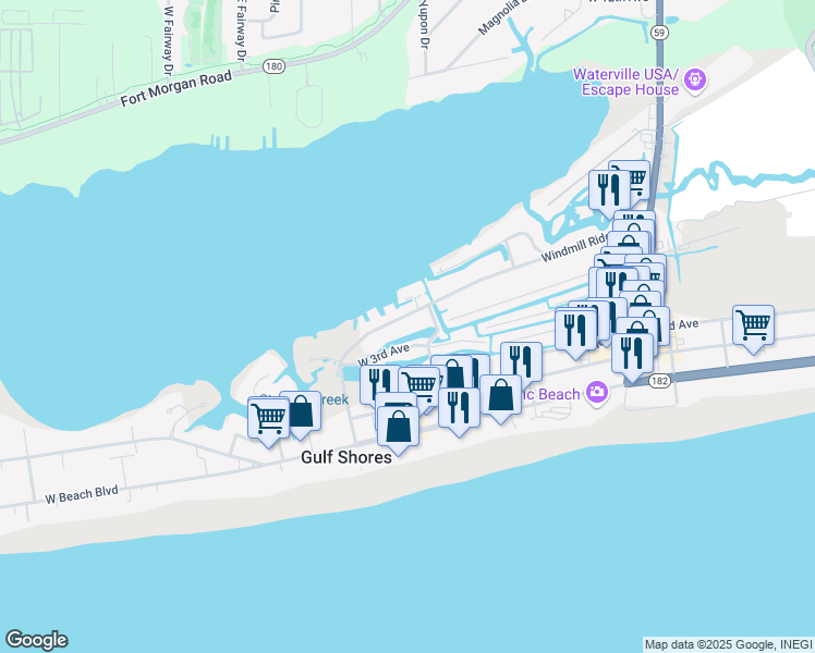 map of restaurants, bars, coffee shops, grocery stores, and more near 501 Windmill Ridge Road in Gulf Shores