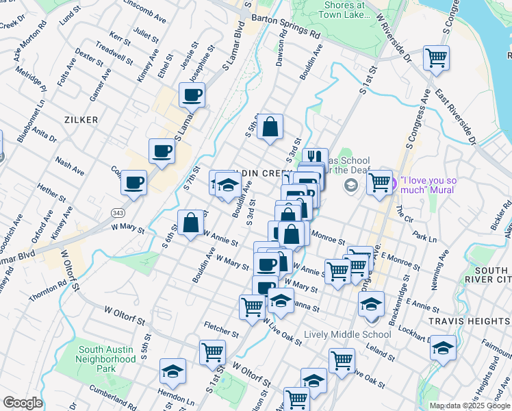 map of restaurants, bars, coffee shops, grocery stores, and more near 1513 South 3rd Street in Austin