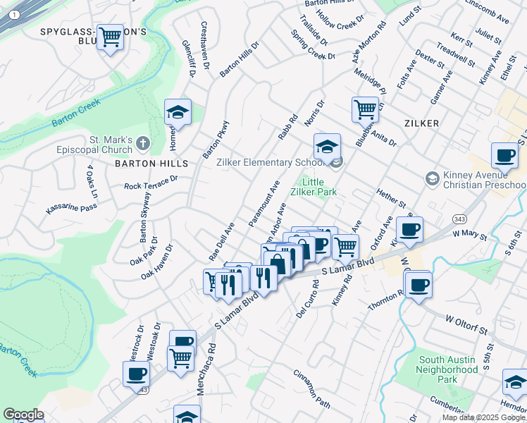 map of restaurants, bars, coffee shops, grocery stores, and more near 2201 Rabb Glen Street in Austin