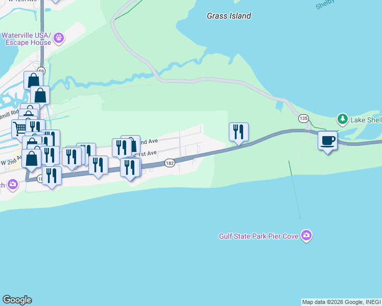 map of restaurants, bars, coffee shops, grocery stores, and more near in Gulf Shores