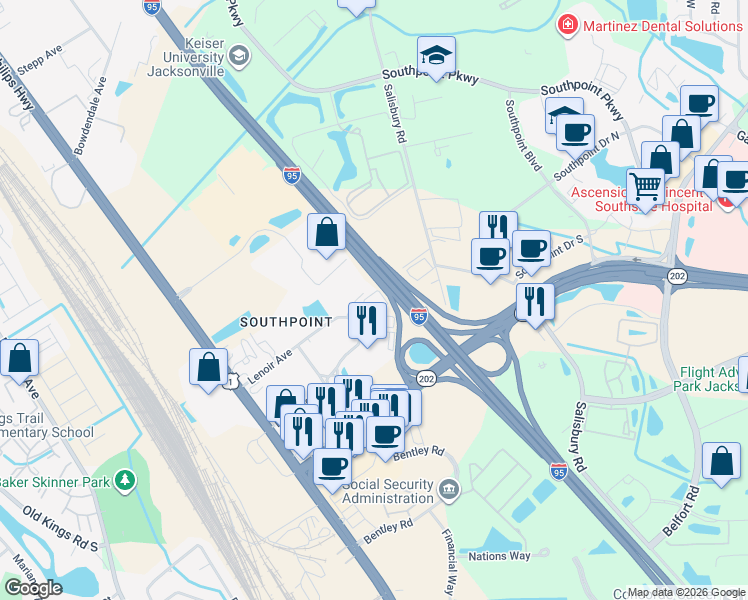 map of restaurants, bars, coffee shops, grocery stores, and more near 6961 Lenoir Avenue East in Jacksonville