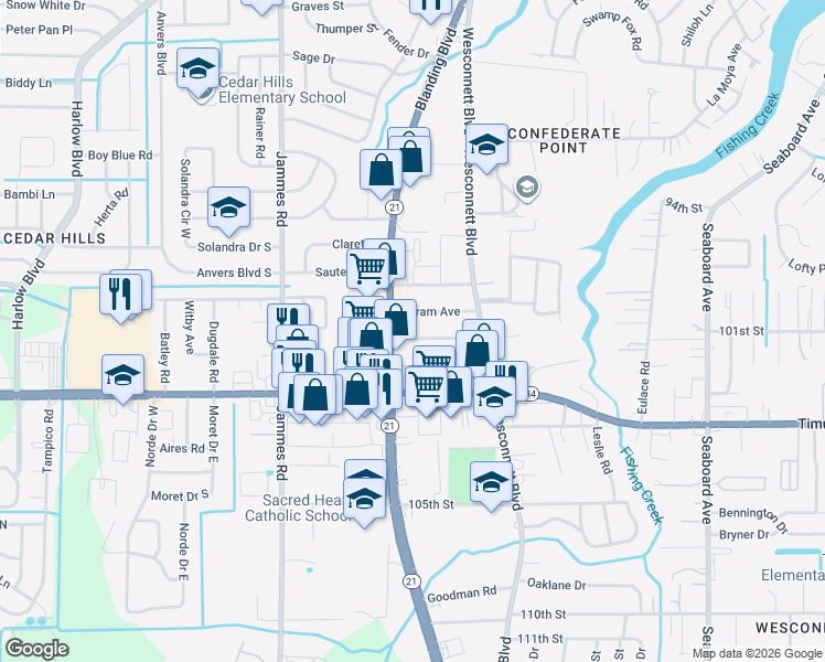 map of restaurants, bars, coffee shops, grocery stores, and more near 5175 Blanding Boulevard in Jacksonville