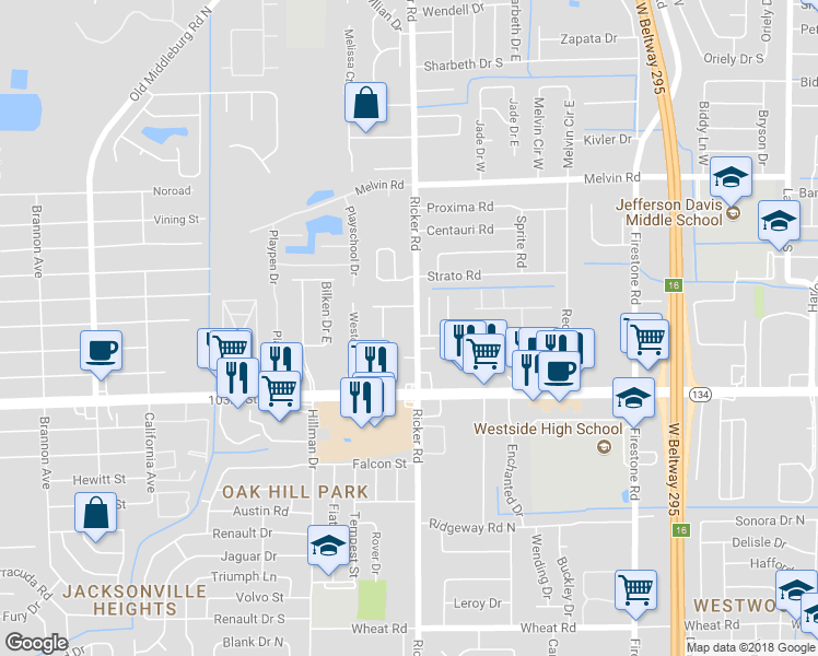 map of restaurants, bars, coffee shops, grocery stores, and more near 5135 Indian Lakes Court in Jacksonville