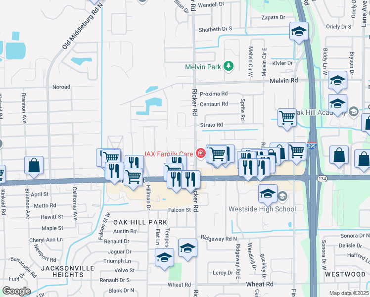 map of restaurants, bars, coffee shops, grocery stores, and more near 5135 Indian Lakes Court in Jacksonville