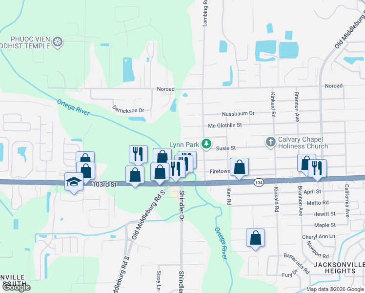 map of restaurants, bars, coffee shops, grocery stores, and more near 8745 Susie Street in Jacksonville