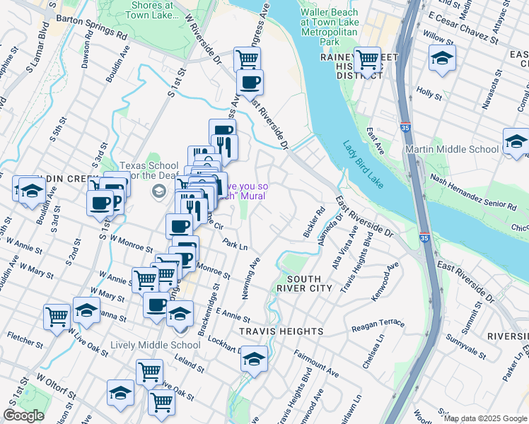 map of restaurants, bars, coffee shops, grocery stores, and more near 1218 Hillside Avenue in Austin