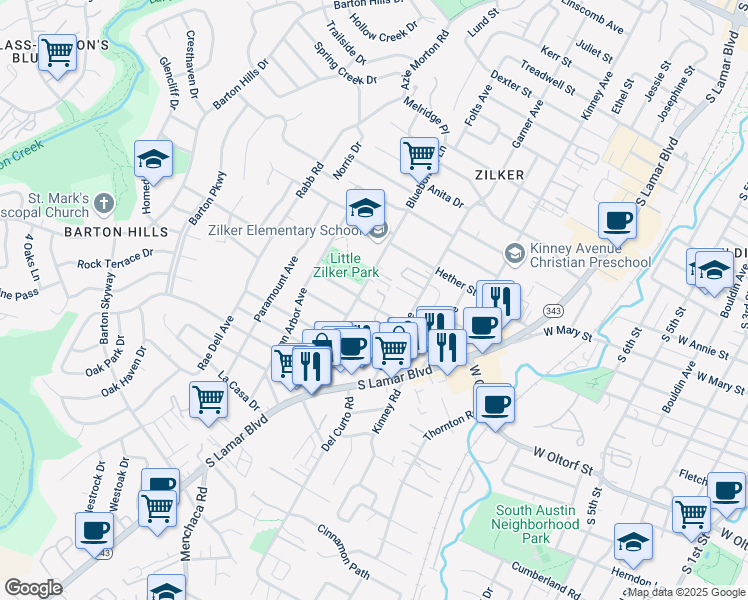 map of restaurants, bars, coffee shops, grocery stores, and more near 1906 Blue Crest Drive in Austin