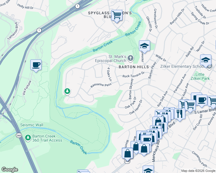 map of restaurants, bars, coffee shops, grocery stores, and more near 2914 Kassarine Pass in Austin
