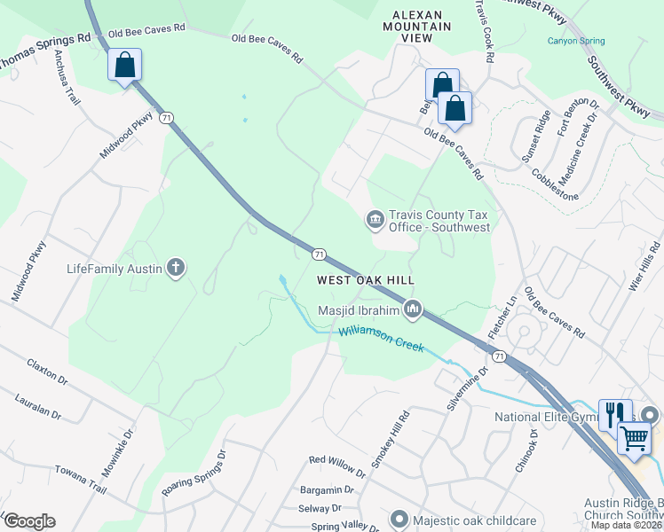 map of restaurants, bars, coffee shops, grocery stores, and more near 8731 State Highway 71 in Austin