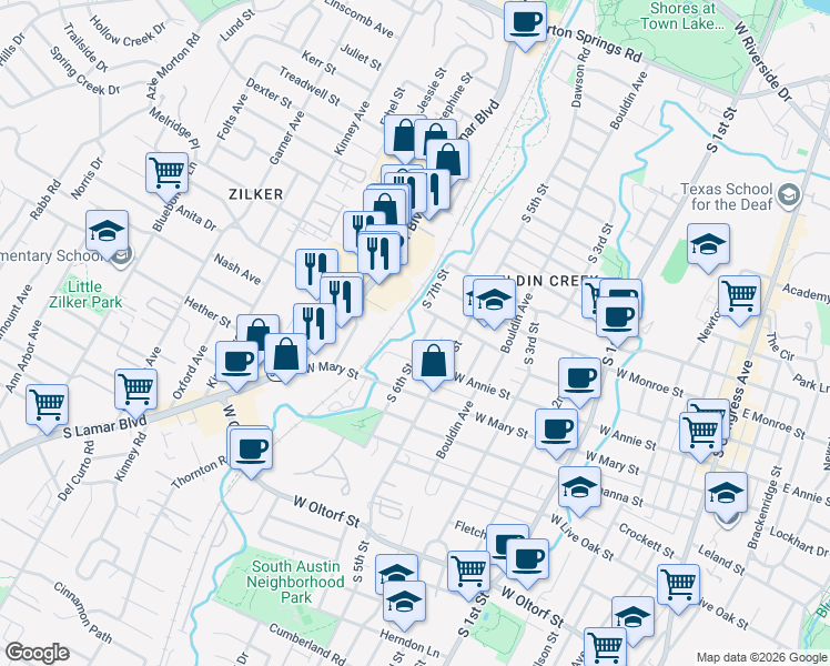 map of restaurants, bars, coffee shops, grocery stores, and more near 1702 S 6th St in Austin