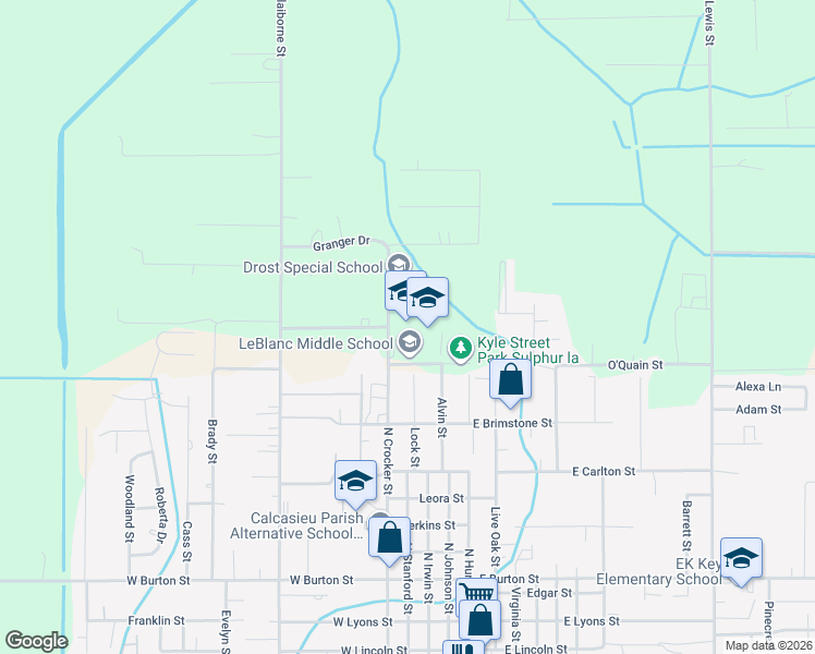 map of restaurants, bars, coffee shops, grocery stores, and more near 1100 North Crocker Street in Sulphur