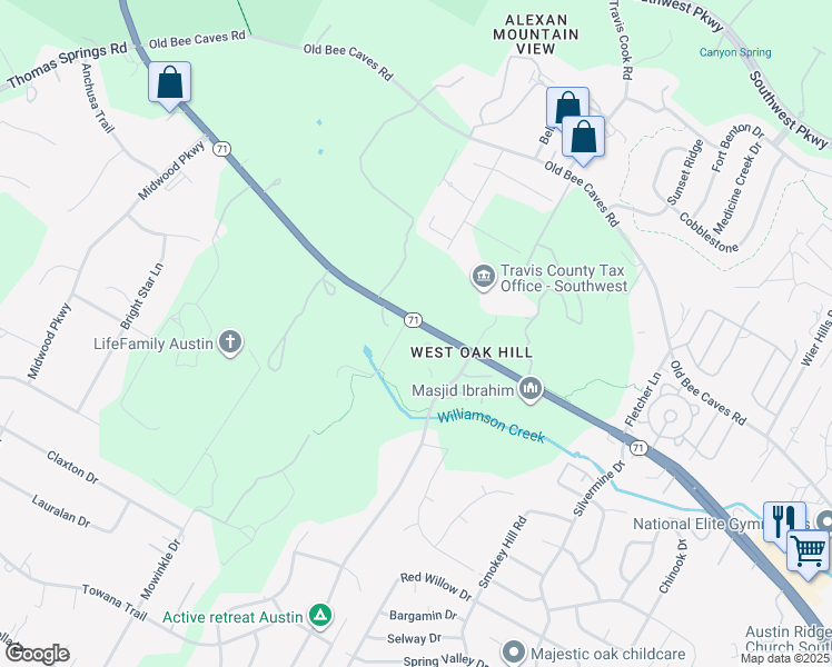 map of restaurants, bars, coffee shops, grocery stores, and more near 8731 State Highway 71 in Austin