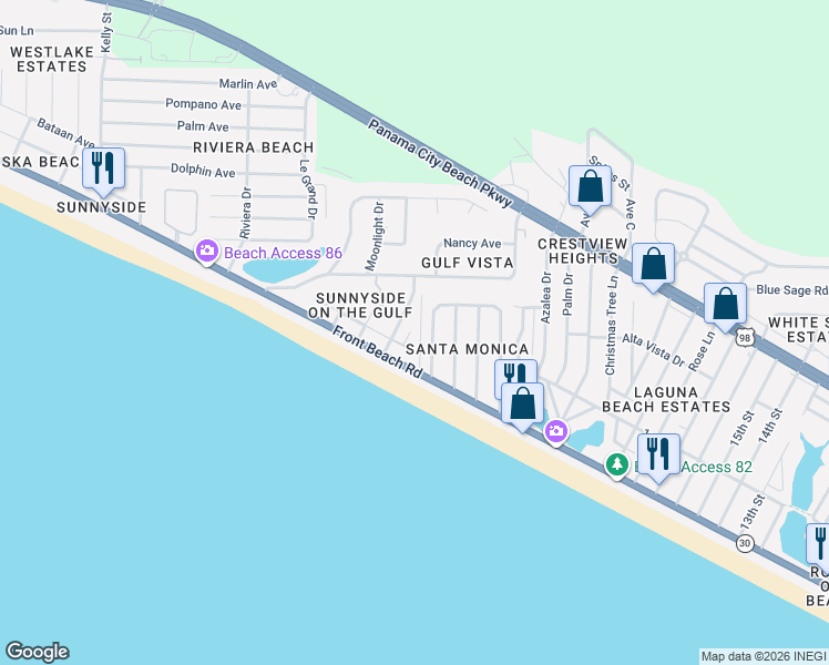 map of restaurants, bars, coffee shops, grocery stores, and more near 248 Belaire Drive in Panama City