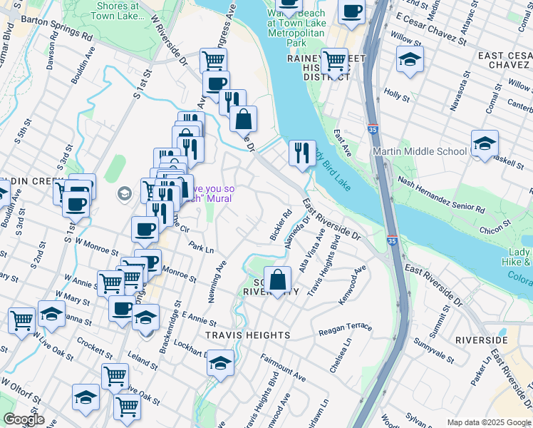 map of restaurants, bars, coffee shops, grocery stores, and more near 1213 Newning Avenue in Austin