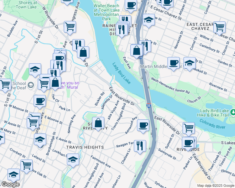 map of restaurants, bars, coffee shops, grocery stores, and more near 806 East Riverside Drive in Austin