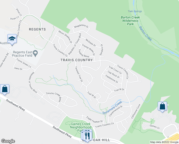map of restaurants, bars, coffee shops, grocery stores, and more near 5002 Trail West Drive in Austin
