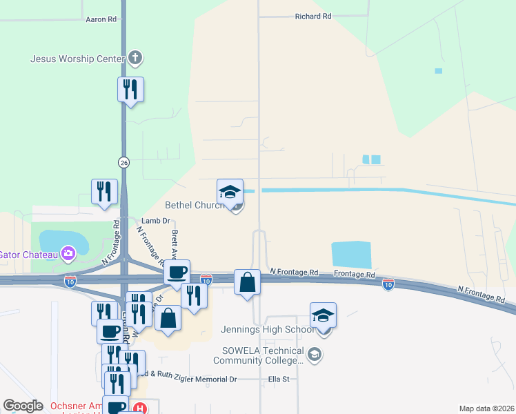 map of restaurants, bars, coffee shops, grocery stores, and more near 15000-15222 State Highway 102 in Jennings