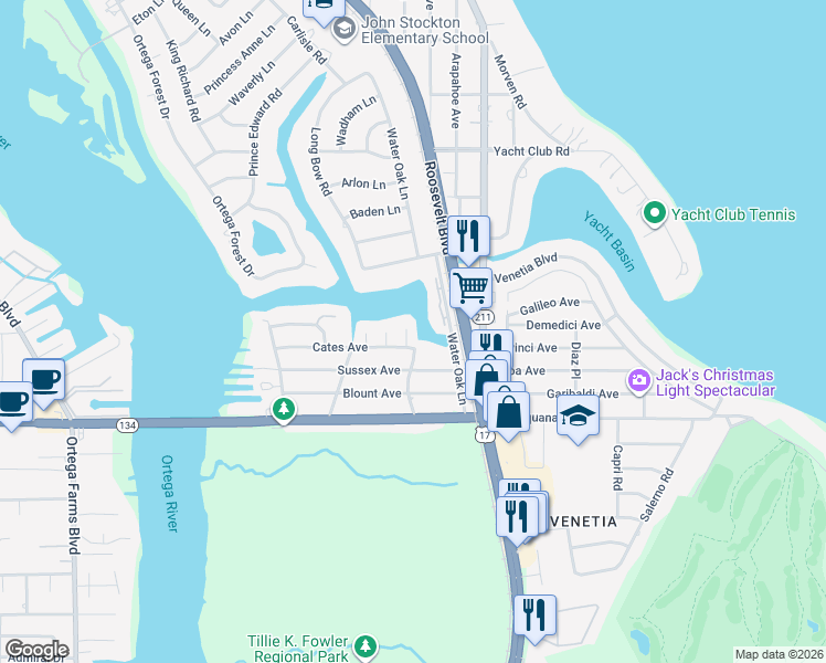map of restaurants, bars, coffee shops, grocery stores, and more near 5113 Harbor Point Circle in Jacksonville
