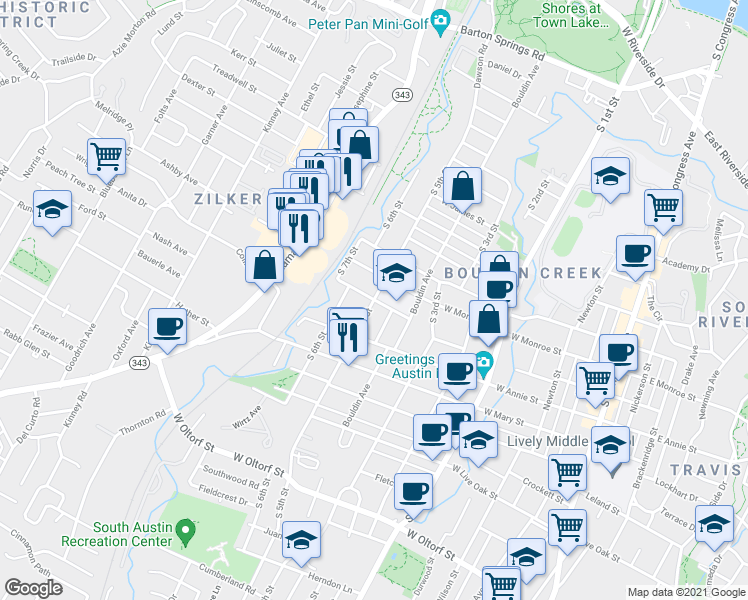 map of restaurants, bars, coffee shops, grocery stores, and more near South 5th Street & West Milton Street in Austin