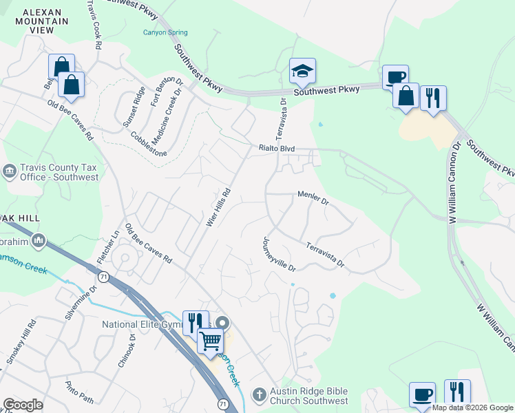 map of restaurants, bars, coffee shops, grocery stores, and more near 7805 Tusman Drive in Austin