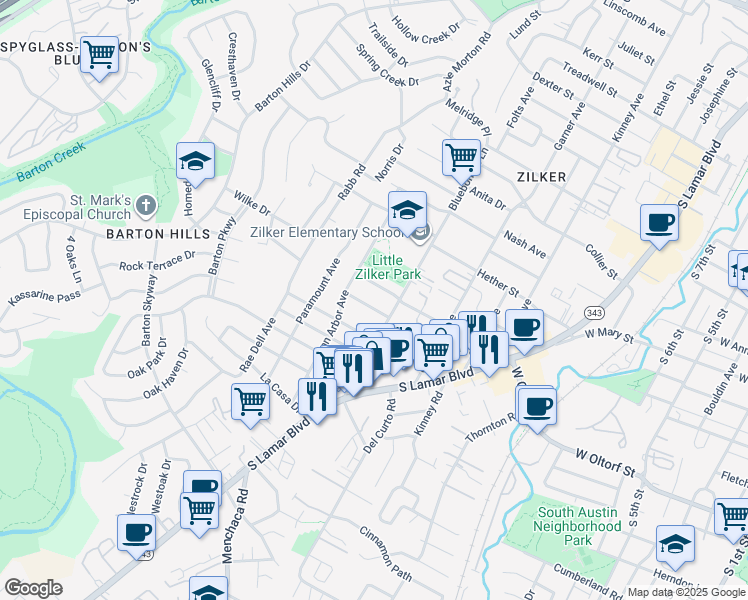 map of restaurants, bars, coffee shops, grocery stores, and more near 2006 Meadowridge Drive in Austin