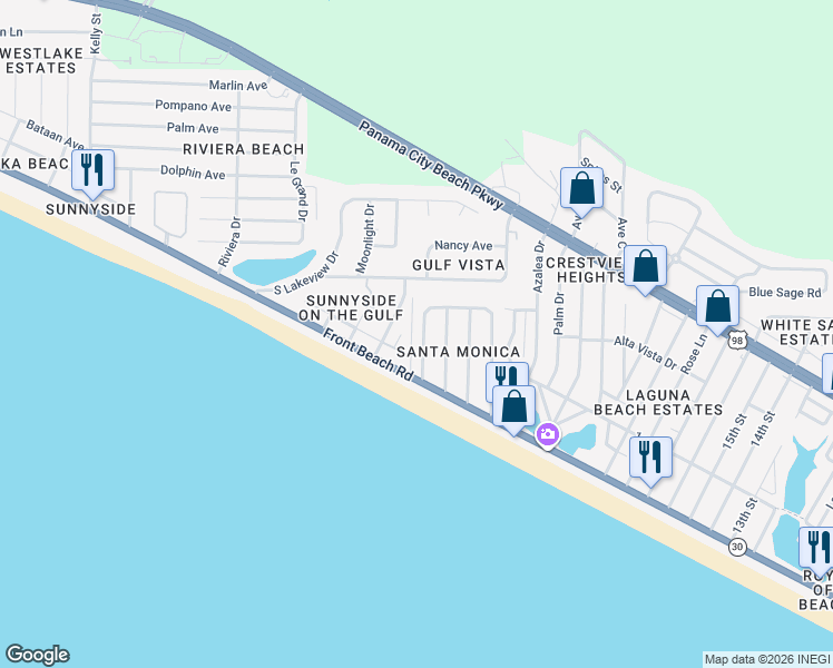 map of restaurants, bars, coffee shops, grocery stores, and more near 248 Belaire Drive in Panama City