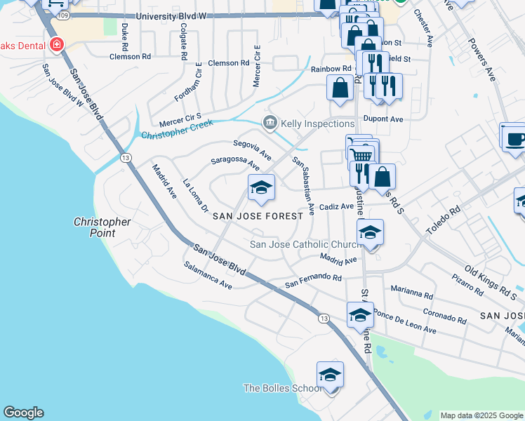 map of restaurants, bars, coffee shops, grocery stores, and more near 2710 Dupont Avenue in Jacksonville