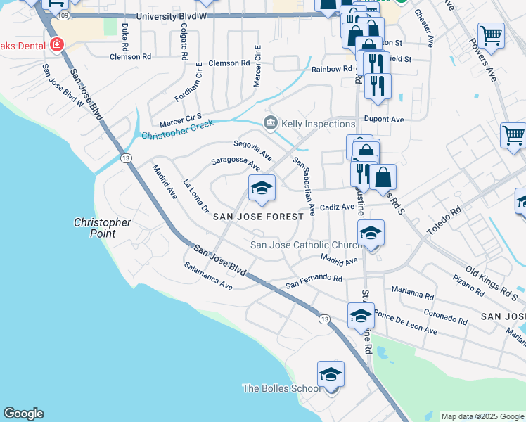map of restaurants, bars, coffee shops, grocery stores, and more near 2710 Dupont Avenue in Jacksonville