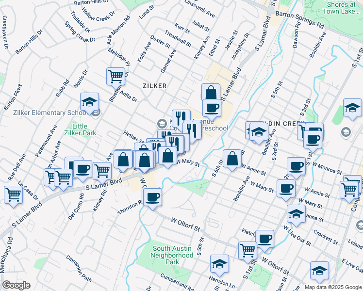map of restaurants, bars, coffee shops, grocery stores, and more near 1708 South Lamar Boulevard in Austin