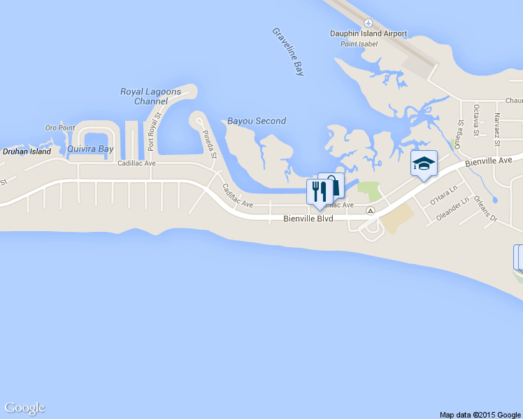 map of restaurants, bars, coffee shops, grocery stores, and more near 1802 Bienville Boulevard in Dauphin Island