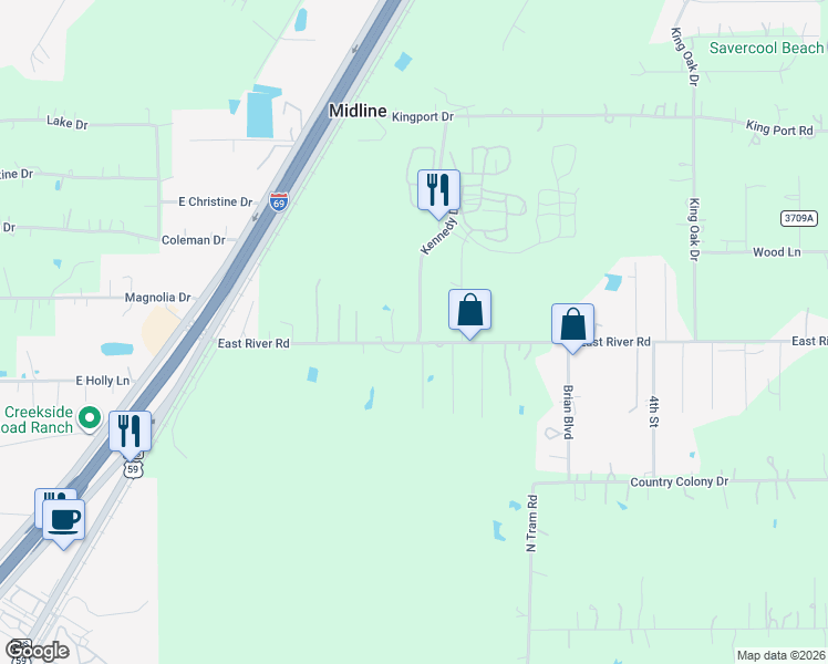 map of restaurants, bars, coffee shops, grocery stores, and more near 26851 East River Road in Splendora