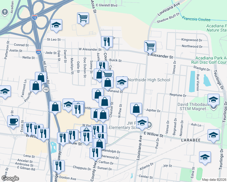 map of restaurants, bars, coffee shops, grocery stores, and more near 200 Dunand Street in Lafayette