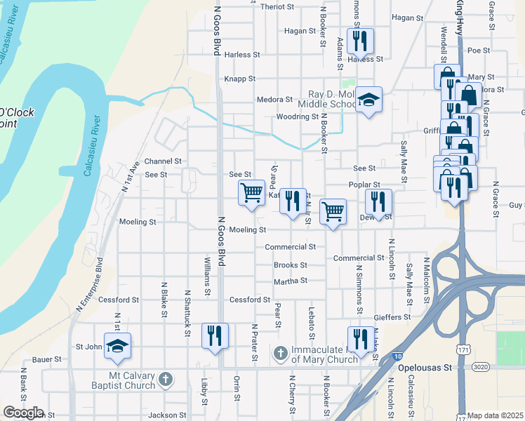 map of restaurants, bars, coffee shops, grocery stores, and more near 2046 Dewey St in Lake Charles