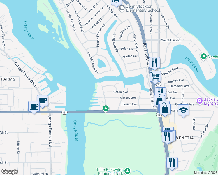 map of restaurants, bars, coffee shops, grocery stores, and more near 4776 Godwin Avenue in Jacksonville