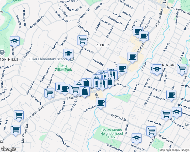 map of restaurants, bars, coffee shops, grocery stores, and more near 1603 Hether Street in Austin